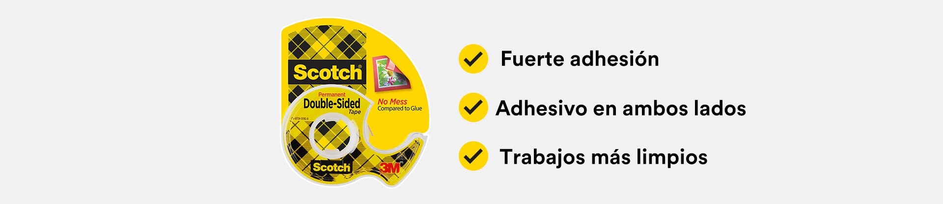 Banner con packshot y 3 claims de cinta doble cara.